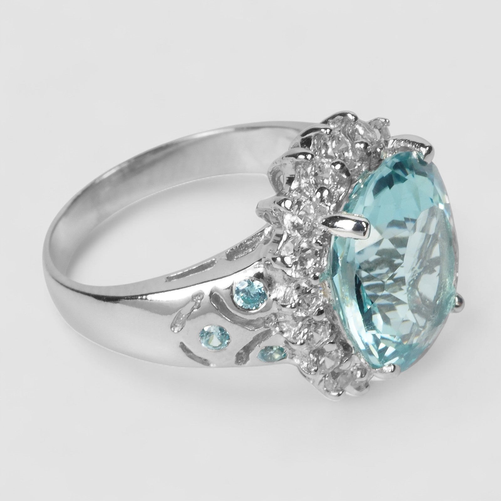 BLUE AQUAMARINE 925 STERLING SILVER WHITE GOLD RING