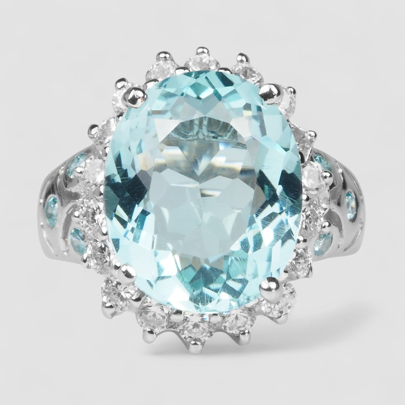 BLUE AQUAMARINE 925 STERLING SILVER WHITE GOLD RING