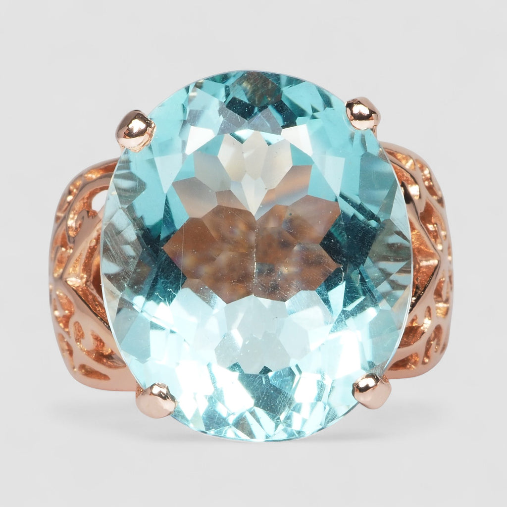 BLUE AQUAMARINE 925 STERLING SILVER ROSE GOLD RING