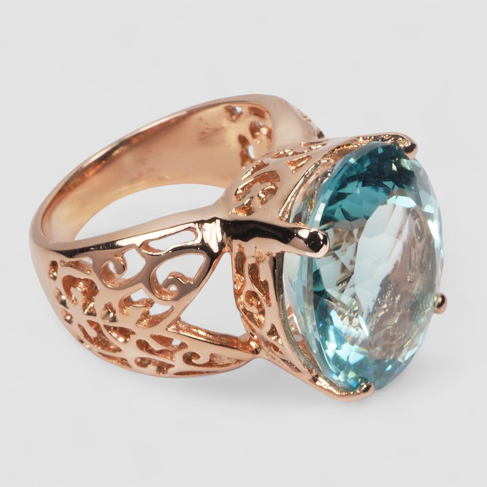 BLUE AQUAMARINE 925 STERLING SILVER ROSE GOLD RING