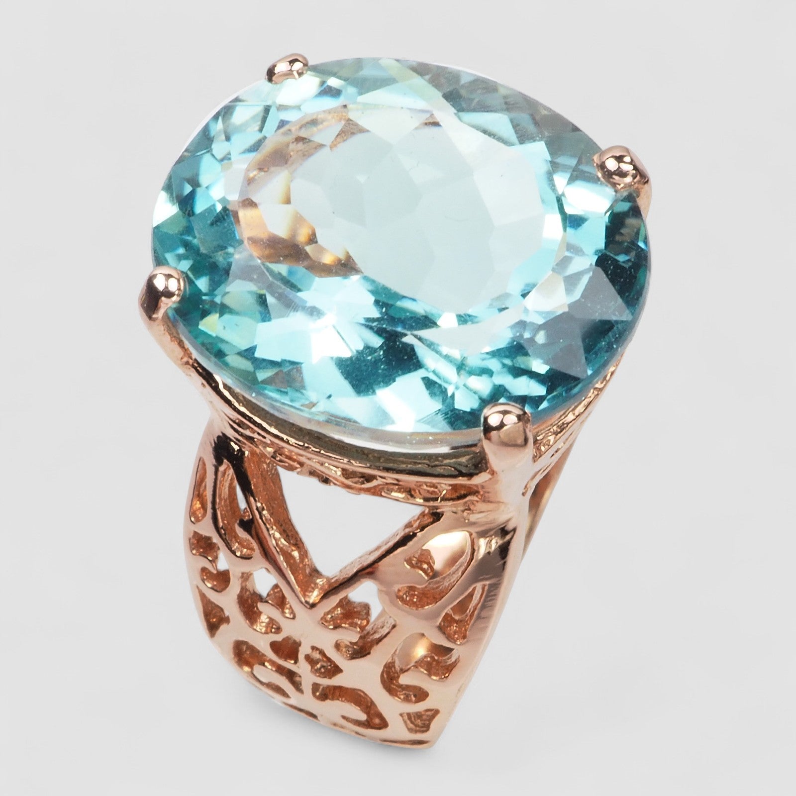 BLUE AQUAMARINE 925 STERLING SILVER ROSE GOLD RING