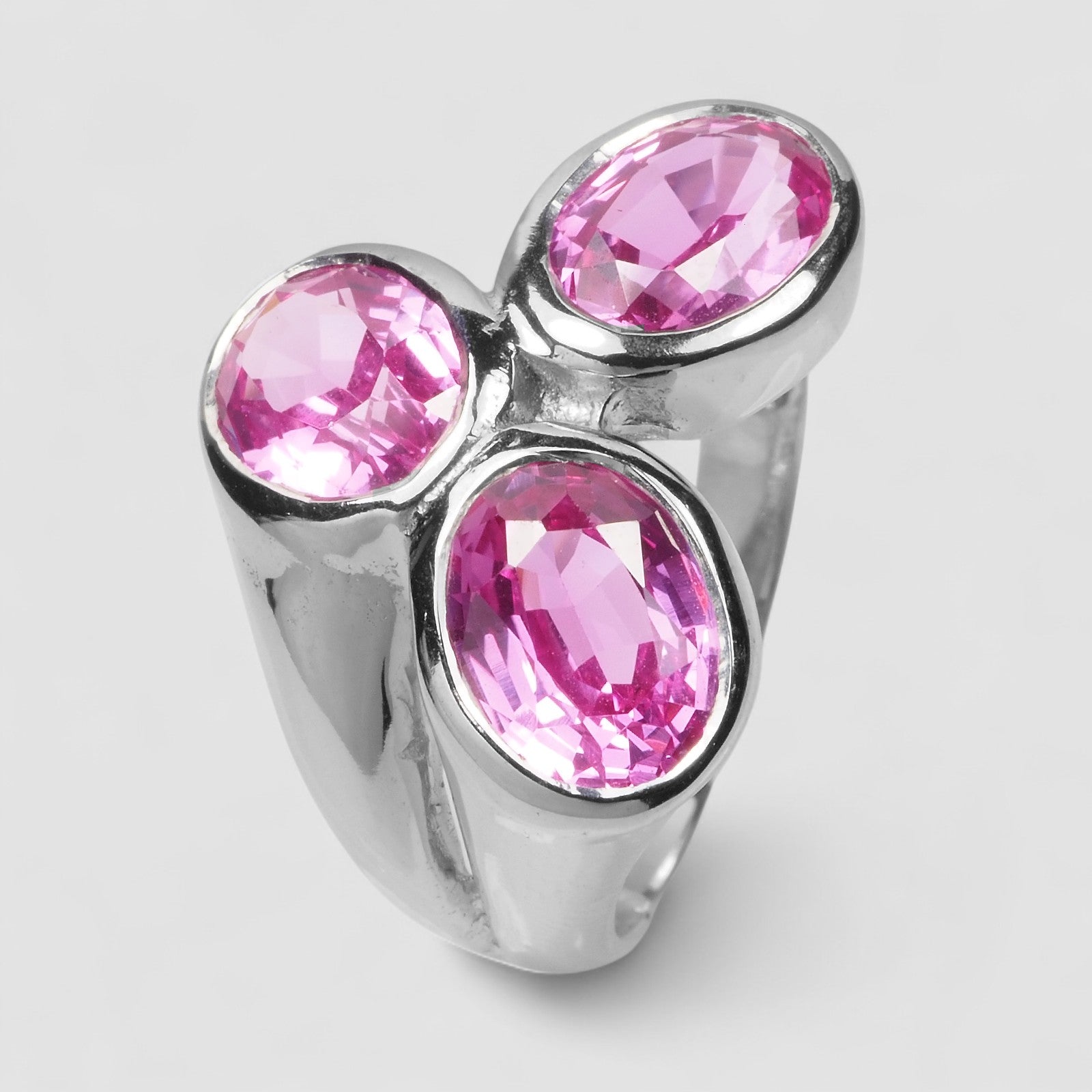 THREE STONE PINK SAPPHIRE 925 STERLING SILVER WHITE GOLD RING