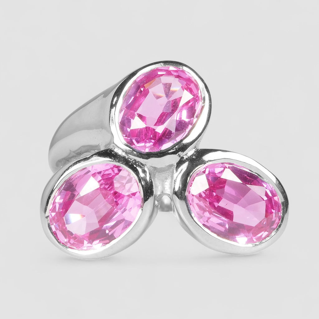THREE STONE PINK SAPPHIRE 925 STERLING SILVER WHITE GOLD RING