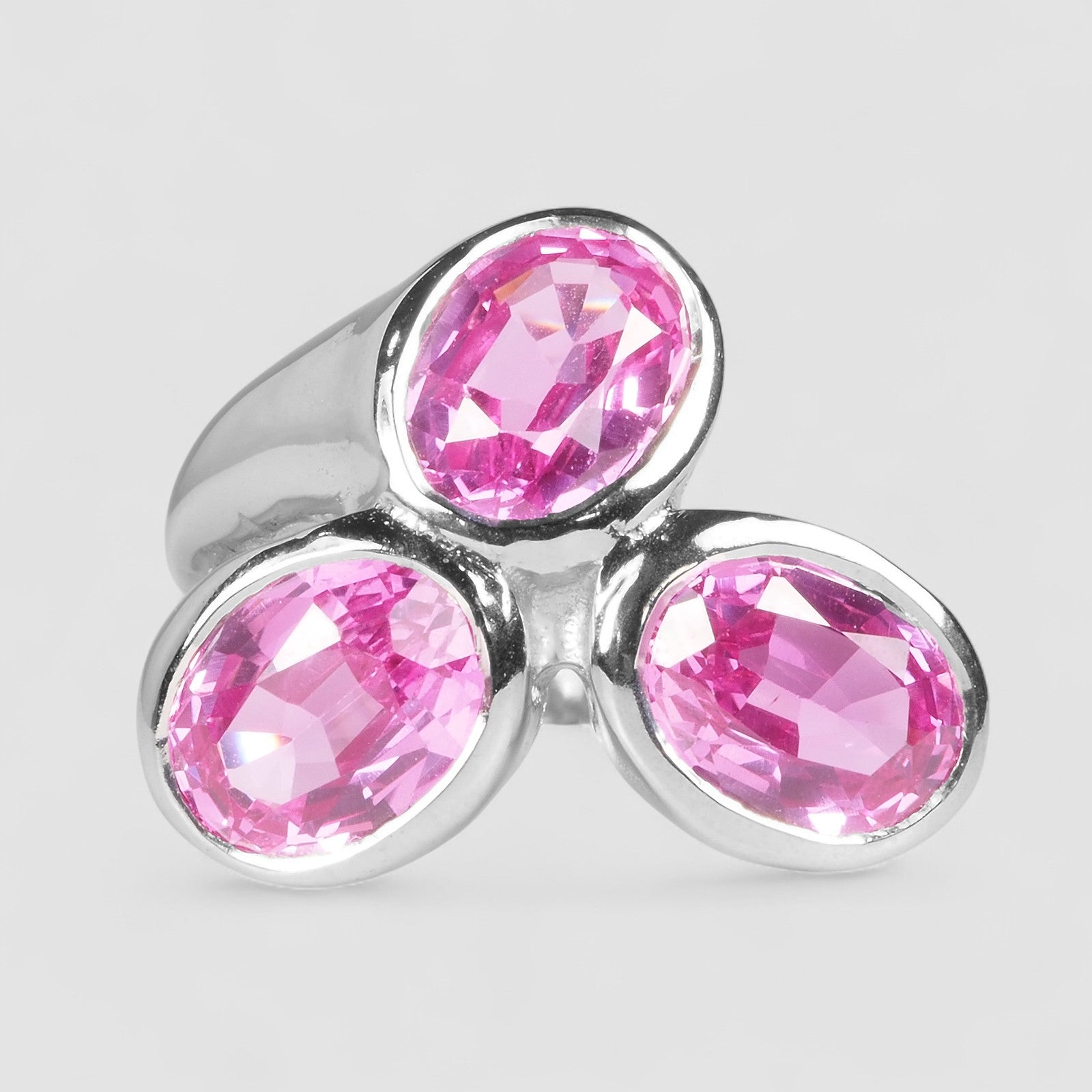THREE STONE PINK SAPPHIRE 925 STERLING SILVER WHITE GOLD RING