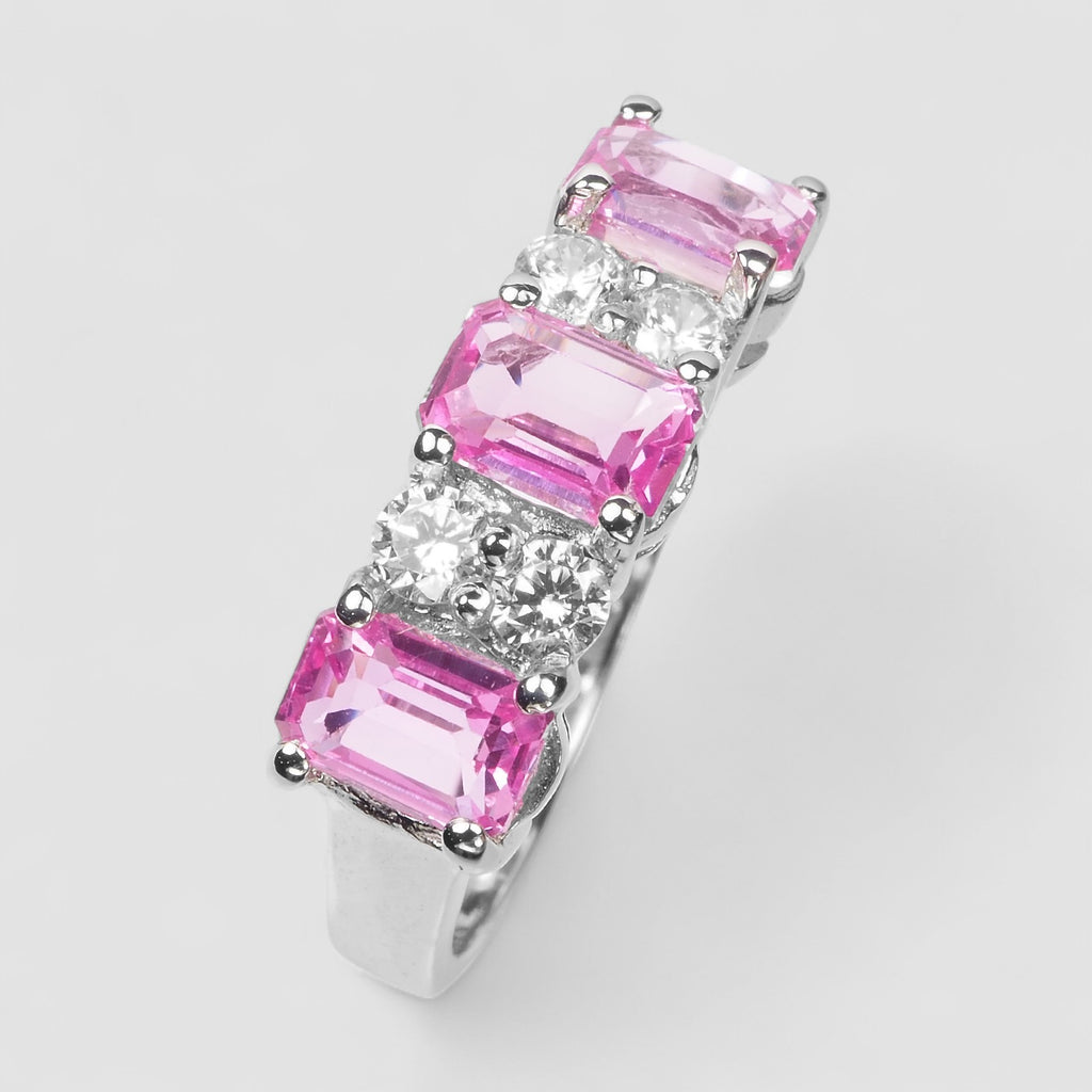 925 STERLING SILVER HANDMADE RTHREE STONE PINK SAPPHIRE