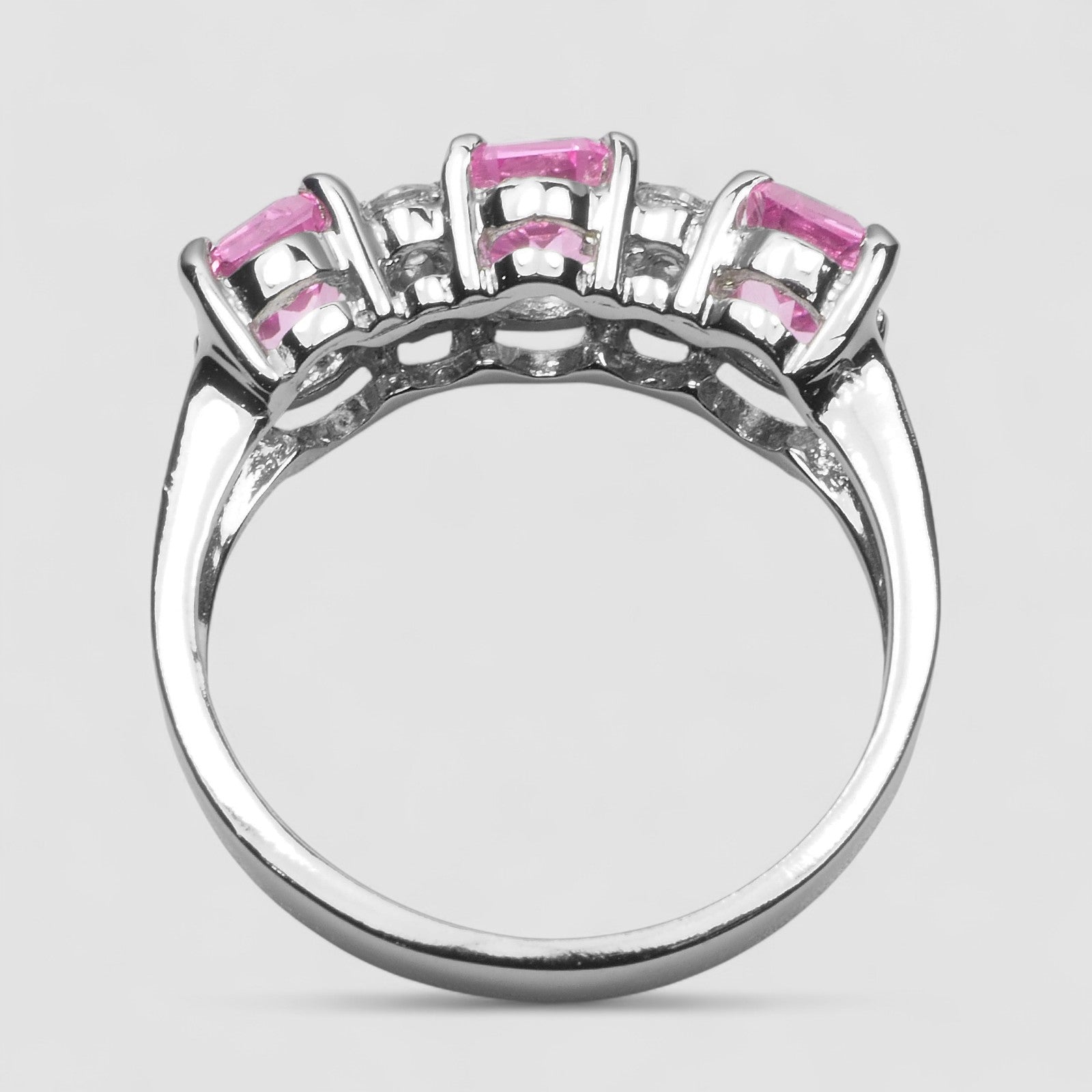 925 STERLING SILVER HANDMADE RTHREE STONE PINK SAPPHIRE