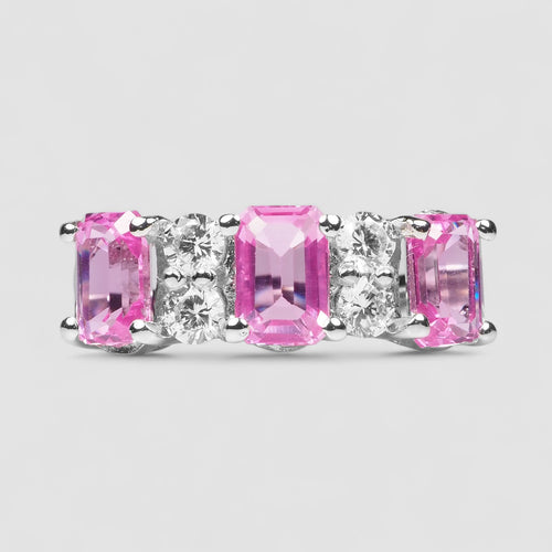 925 STERLING SILVER HANDMADE RTHREE STONE PINK SAPPHIRE
