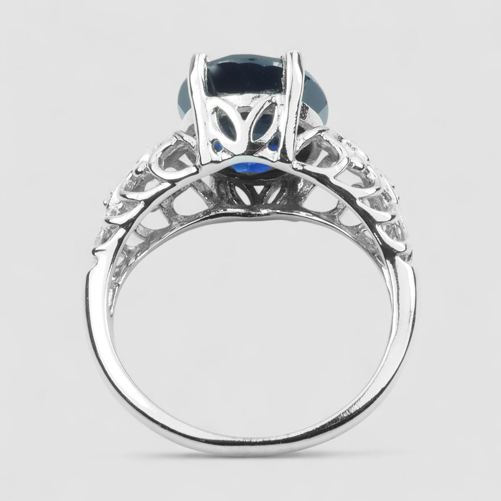 925 STERLING SILVER WHITE GOLD HANDMADE RING BLUE SAPPHIRE