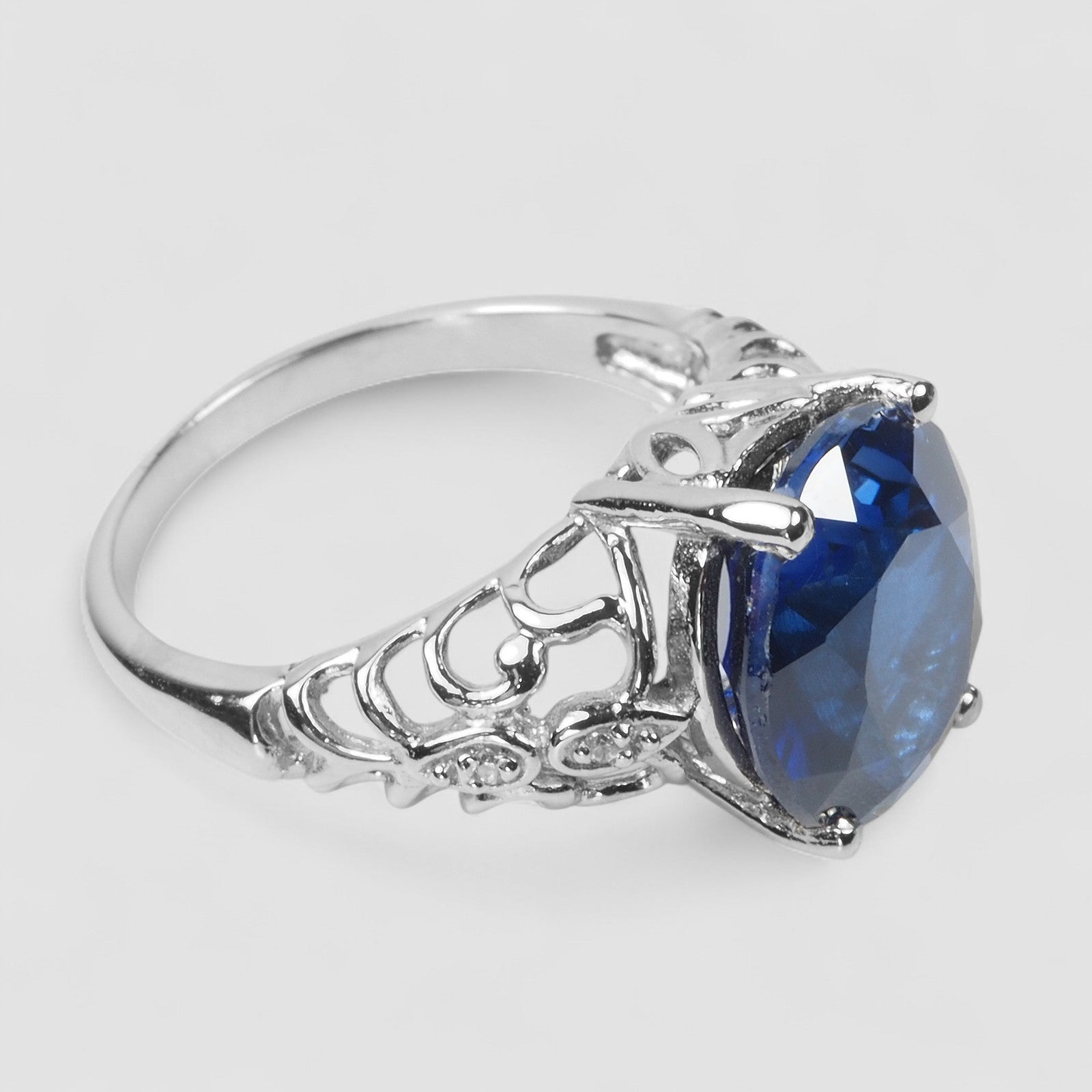 925 STERLING SILVER WHITE GOLD HANDMADE RING BLUE SAPPHIRE