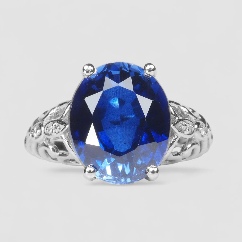 925 STERLING SILVER WHITE GOLD HANDMADE RING BLUE SAPPHIRE