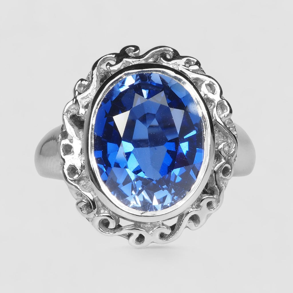 BLUE SAPPHIRE 925 STERLING SILVER WHITE GOLD BEZEL RING