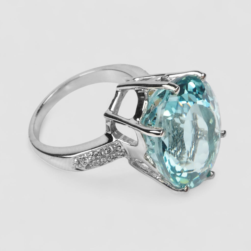 WHITE GOLD 925 STERLING SILVER RING BLUE TOPAZ