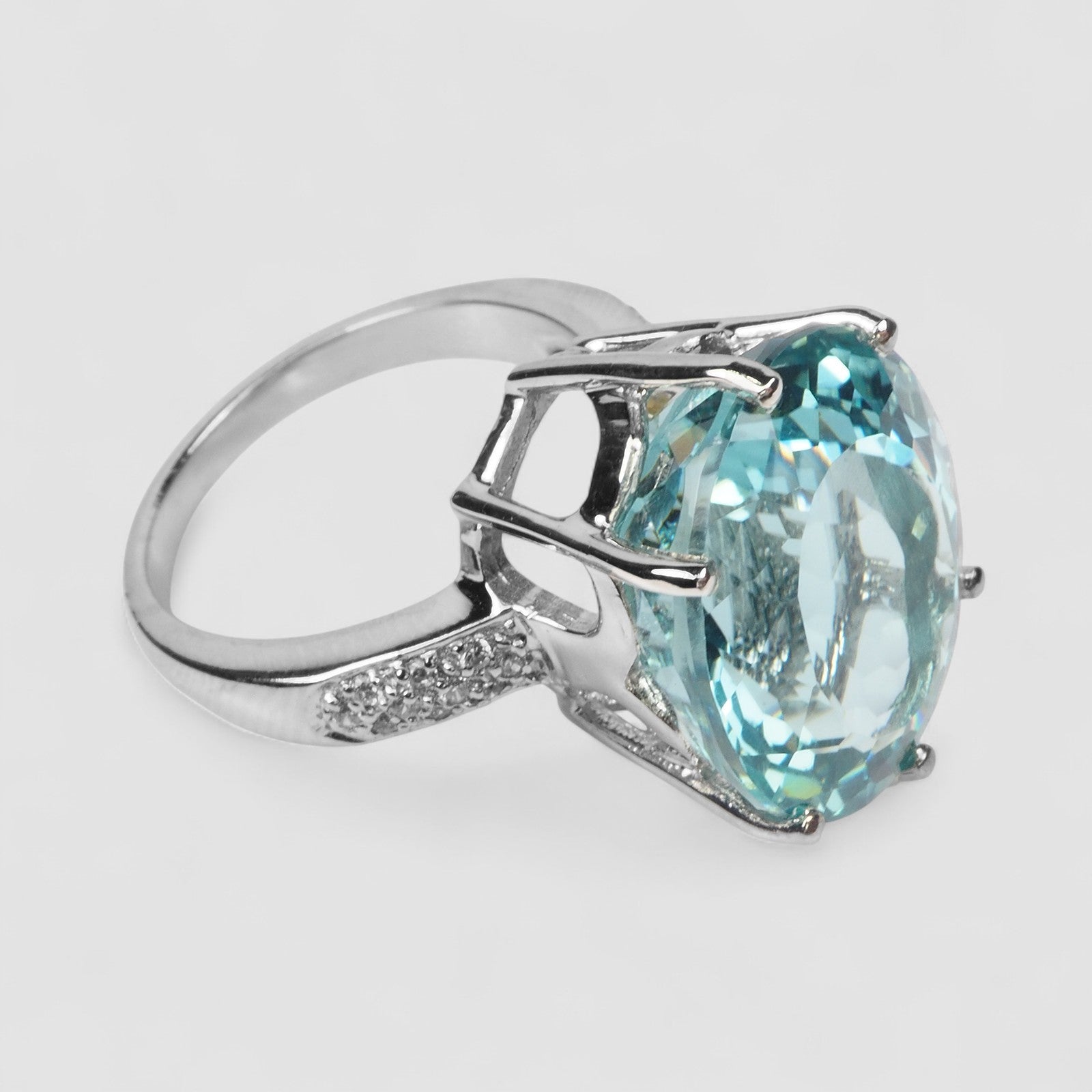 WHITE GOLD 925 STERLING SILVER RING BLUE TOPAZ