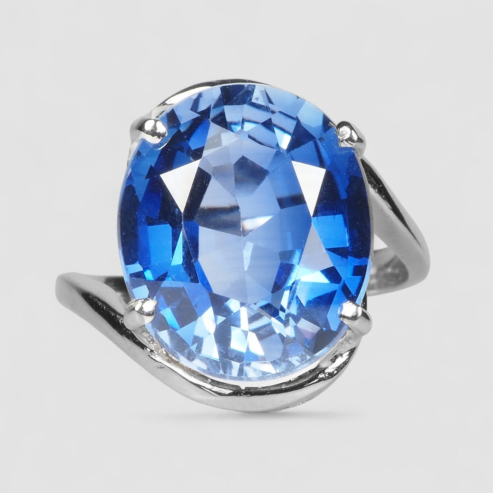WHITE GOLD RING BLUE SAPPHIRE 925 STERLING SILVER