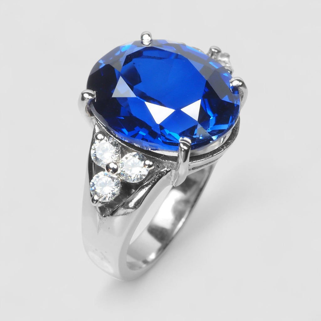 925 STERLING SILVER WHITE GOLD RING BLUE SAPPHIRE OVAL