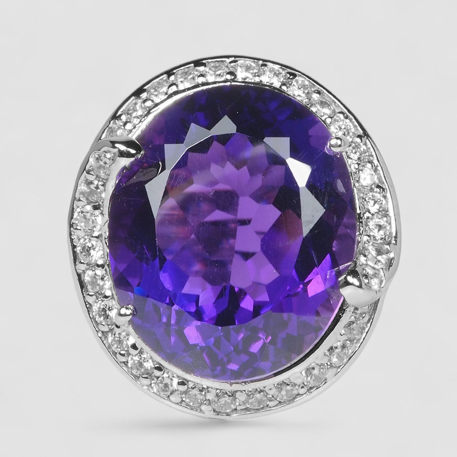 925 STERLING SILVER WHITE GOLD HALO RING PURPLE AMETHYST
