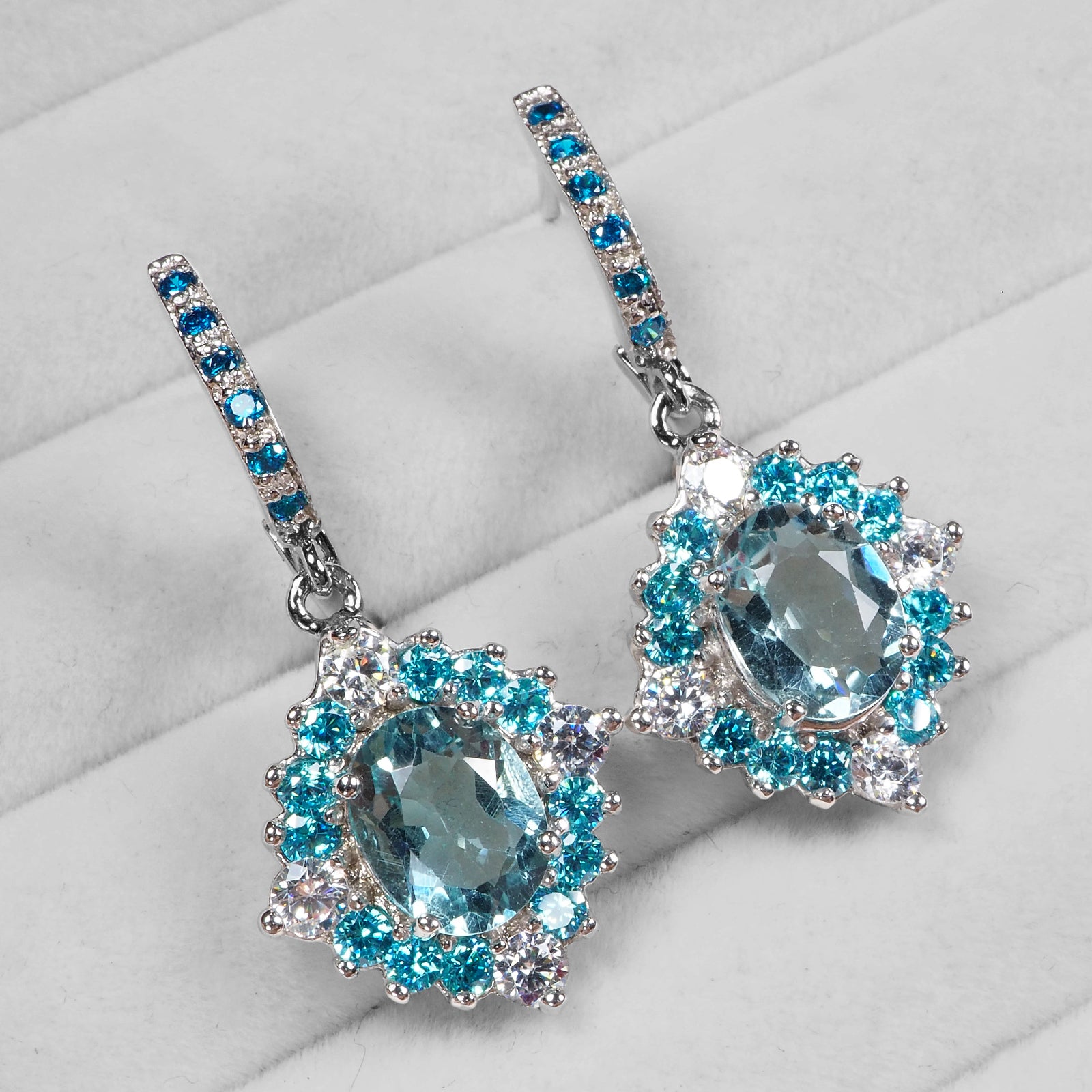 BLUE AQUAMARINE 925 STERLING SILVER WHITE GOLD EARRINGS
