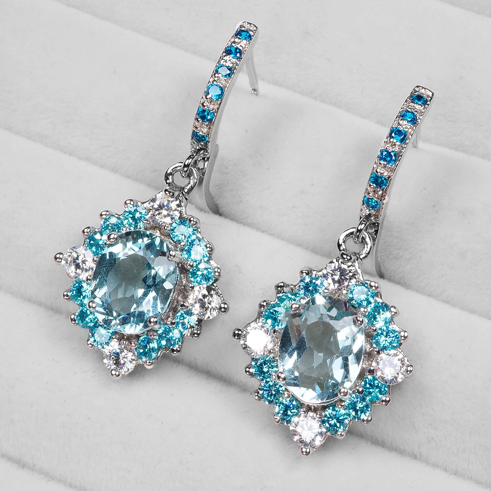 BLUE AQUAMARINE 925 STERLING SILVER WHITE GOLD EARRINGS