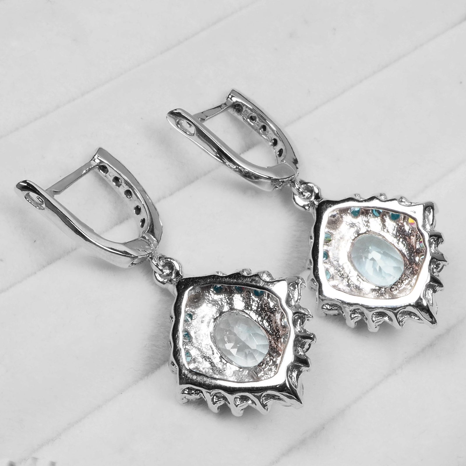 BLUE AQUAMARINE 925 STERLING SILVER WHITE GOLD EARRINGS