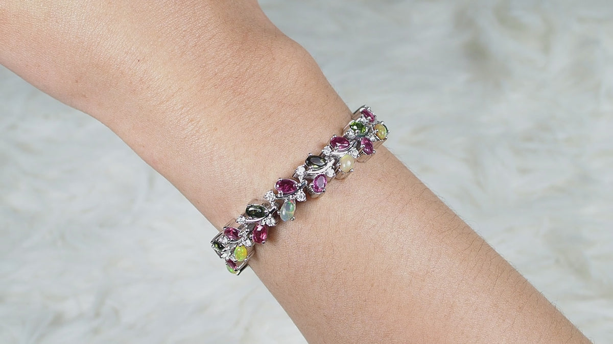 Natural Pink Green Tourmaline & Opal 8.55Ct White Moissanite 925 Silver Bracelet