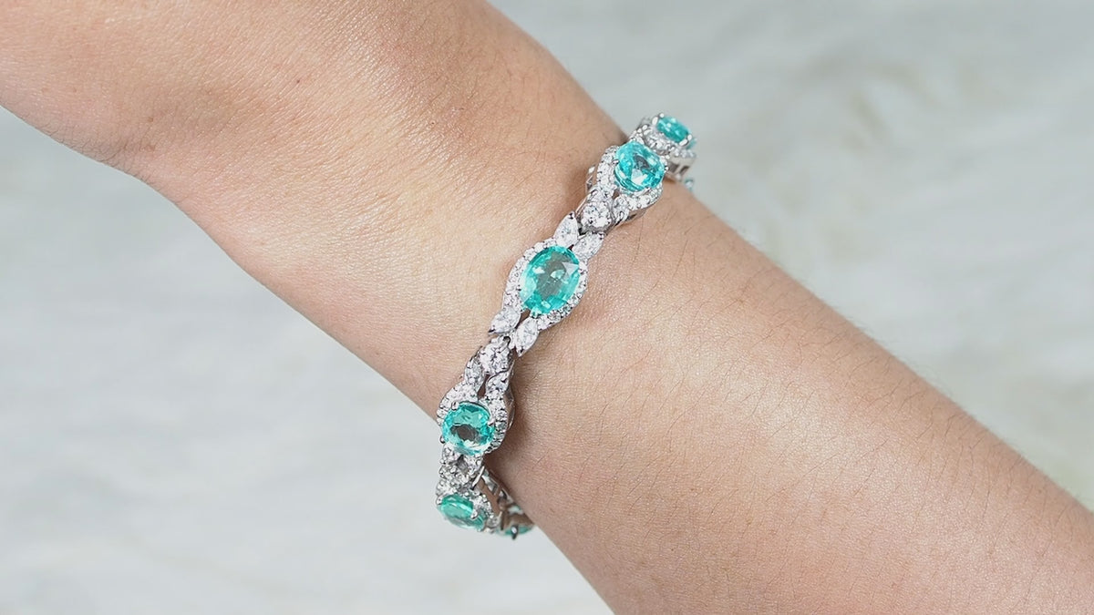 9.38Ct Natural Blue Apatite Oval & White Moissanite 925 Sterling Silver Bracelet