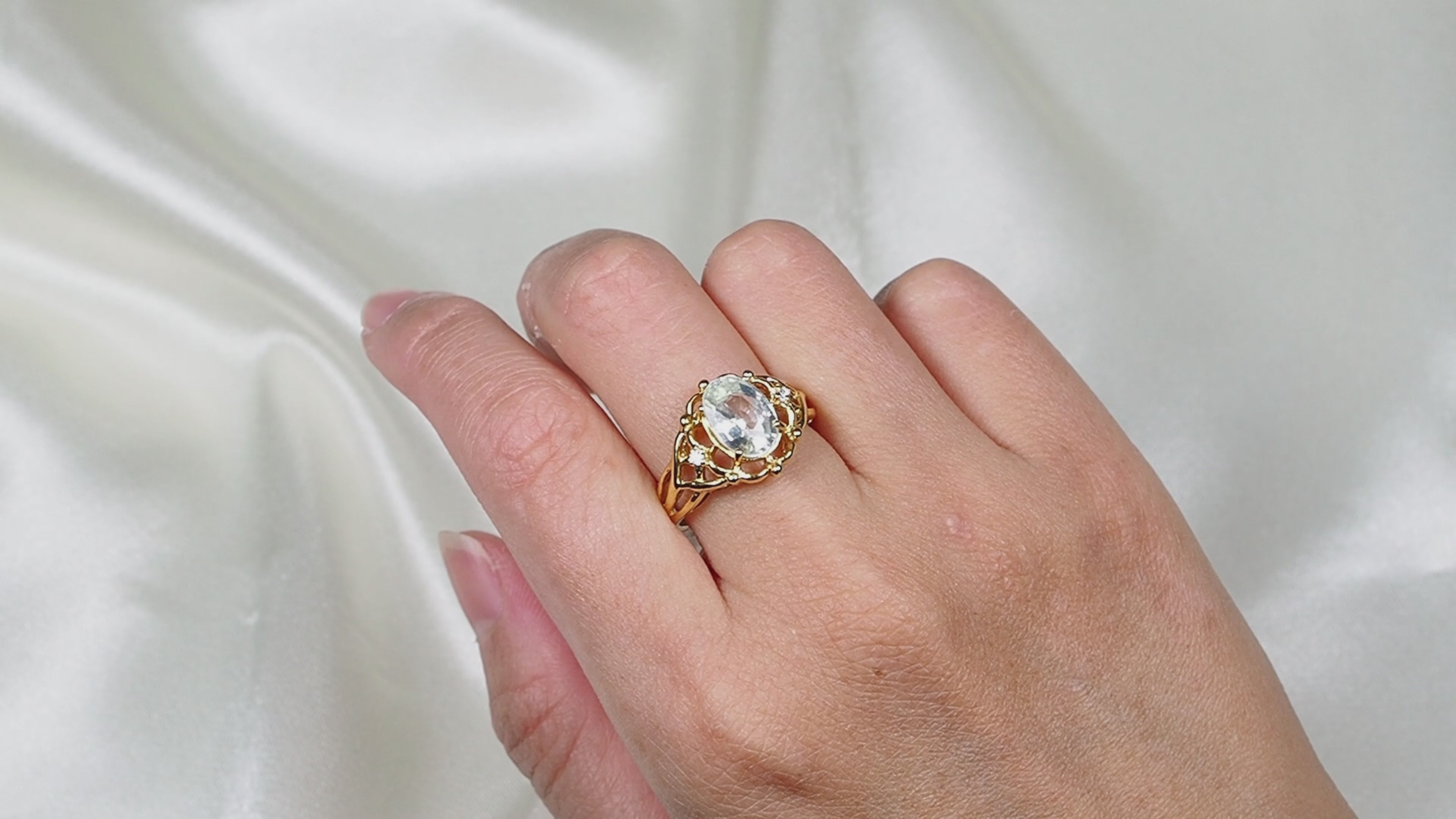 24K Gold 925 Sterling Silver Ring White Zircon, Natural Gemstone, Free Resizing