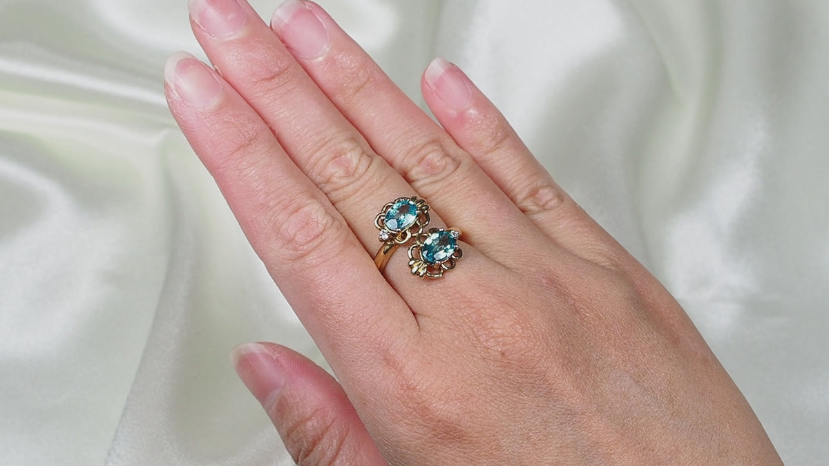 Two Stone Blue Zircon 925 Sterling Silver 24K Gold Ring, Dainty Everyday Ring, Gift for Her