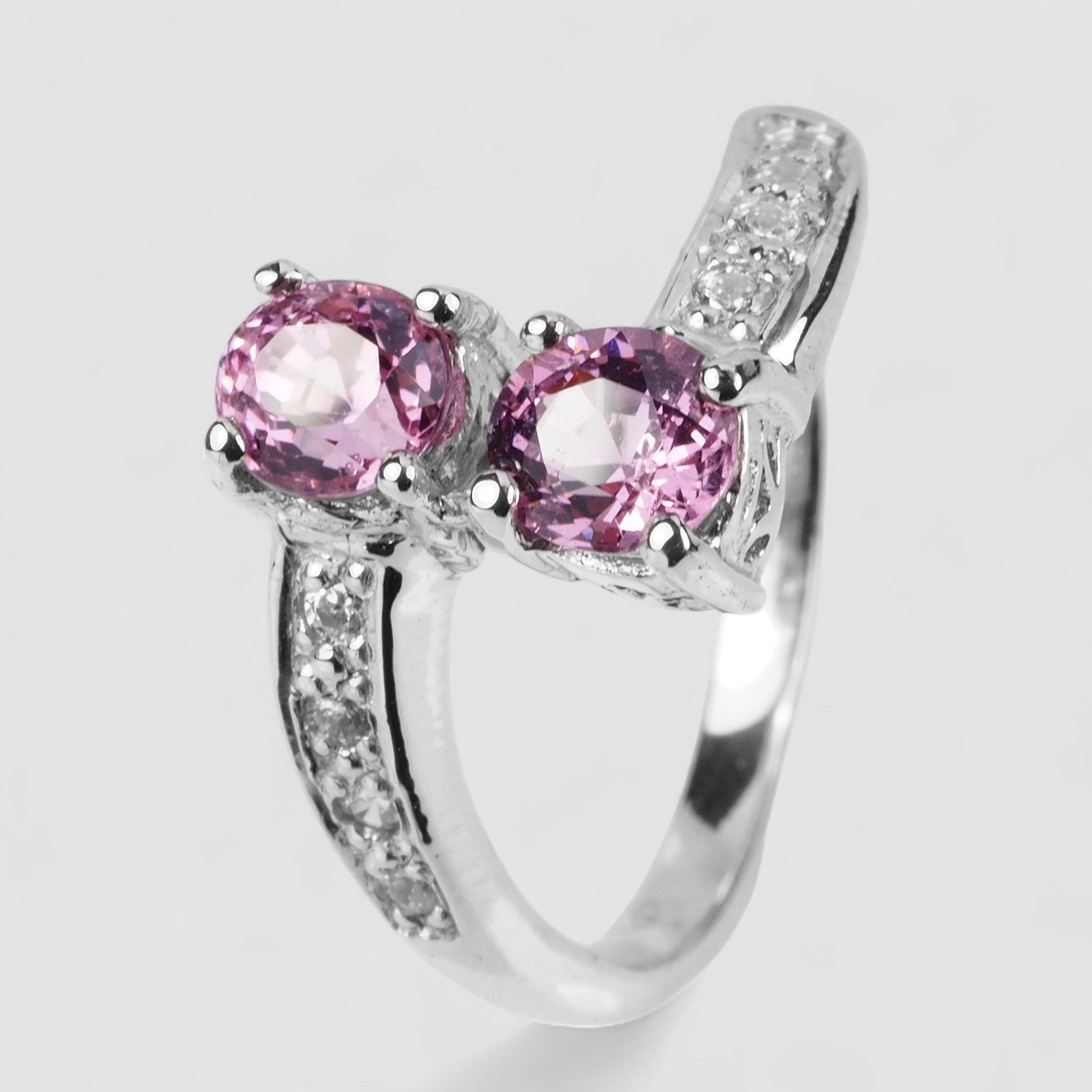 Pink Spinel 925 Sterling Silver Two stones Rings, Rhodium Plated, Tarnish Free, Free Resizing