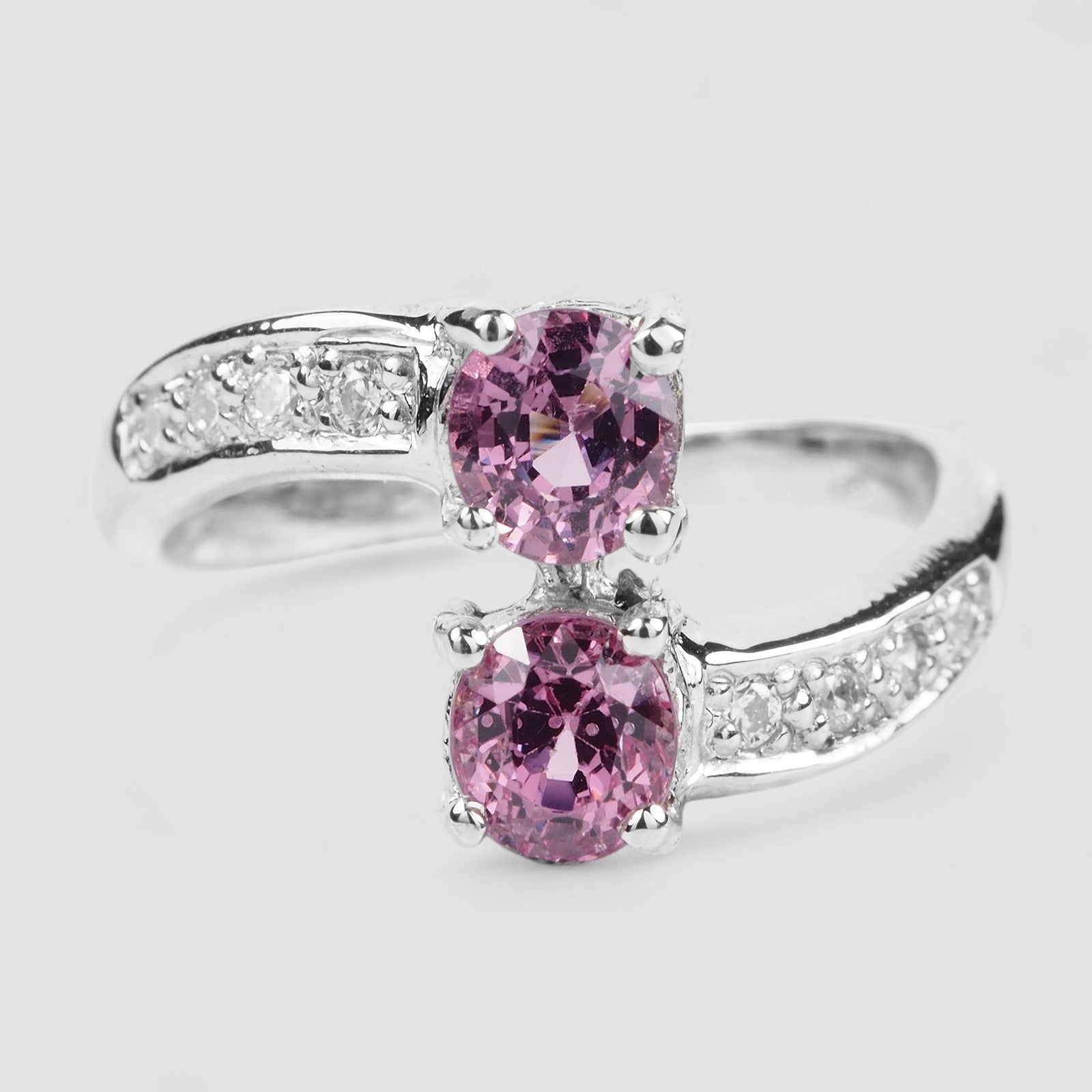 Pink Spinel 925 Sterling Silver Two stones Rings, Rhodium Plated, Tarnish Free, Free Resizing