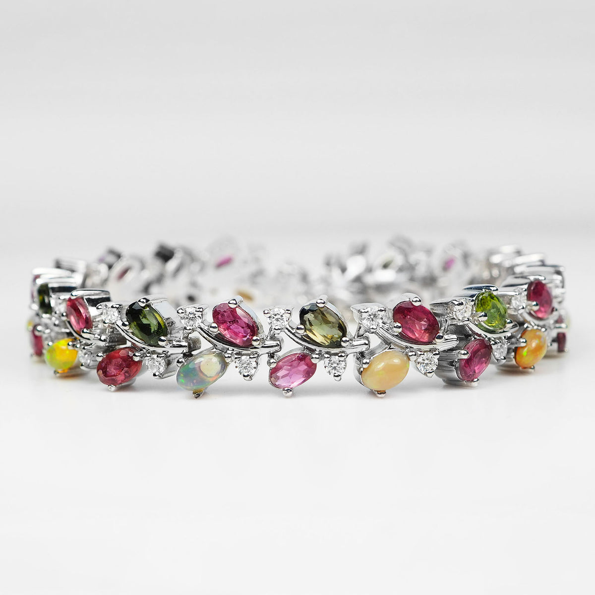 Natural Pink Green Tourmaline & Opal 8.55Ct White Moissanite 925 Silver Bracelet