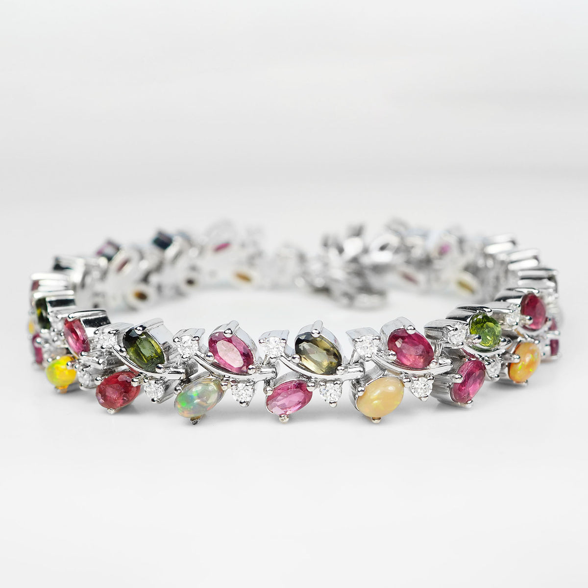 Natural Pink Green Tourmaline & Opal 8.55Ct White Moissanite 925 Silver Bracelet