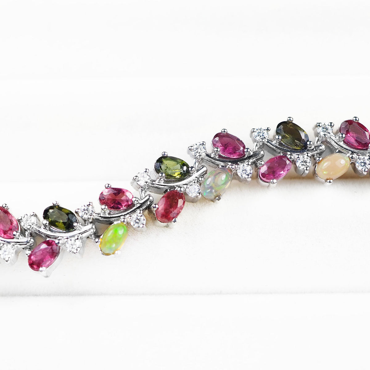 Natural Pink Green Tourmaline & Opal 8.55Ct White Moissanite 925 Silver Bracelet