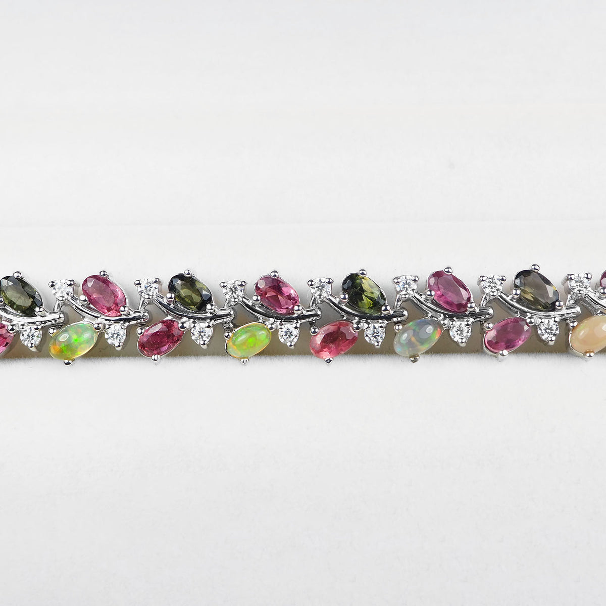Natural Pink Green Tourmaline & Opal 8.55Ct White Moissanite 925 Silver Bracelet