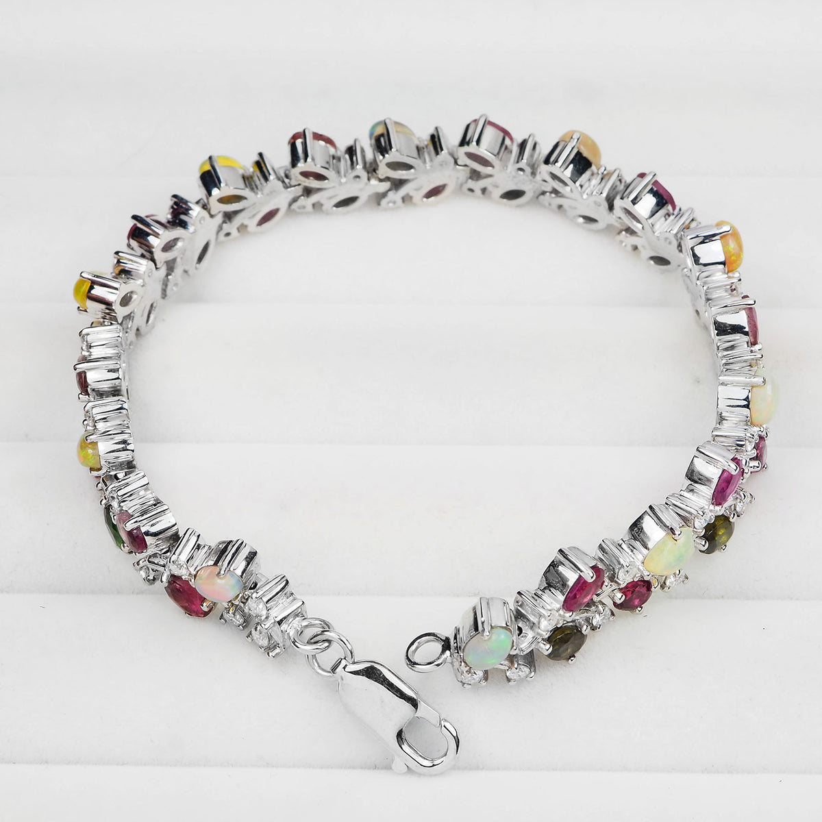 Natural Pink Green Tourmaline & Opal 8.55Ct White Moissanite 925 Silver Bracelet